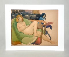 A Large, Colorful 1920s Art Deco-era Watercolor, Female Nude in Sketch Class