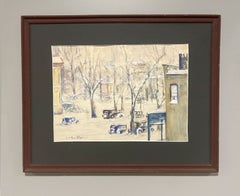 Un affascinante e moderno acquerello in stile social-realista che ritrae una scena americana degli anni ’20, intitolato “Snowbound”