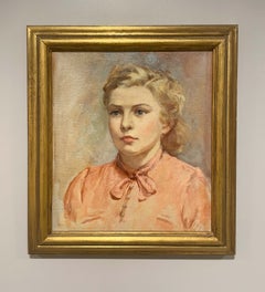 A Striking 1950s Mid-Century Modern Portrait of a Young Woman in a Pink Blouse
