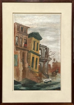 Una scena di strada urbana americana degli anni ’40, in stile Moderno e Realismo Sociale, con una donna artista