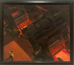 Dynamic 1950s Mid-Century Modern, Machine Age Industrial Scene, Blast Furnace