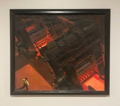 Dynamic 1950s Mid-Century Modern, Machine Age Industrial Scene, Blast Furnace