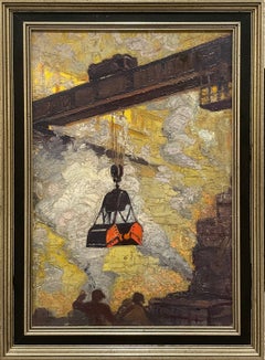 A Dynamic 1940s WPA Era, American Modern, Machine Age Industrial Factory Scene