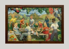 A Large, Cheerful 1950s American Scene Mid-Century Modern Painting, "The Picnic"