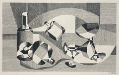 A Finely Drawn Cubist 1940s Mid-Century Modern Abstract Still Life Ink Drawing