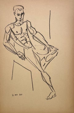 A Stylish, 1960 Mid-Century Modern Figure Study, Seated Male Nude Model