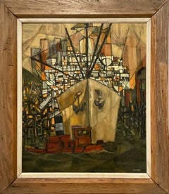 A Large, Dynamic 1950s Mid-Century Modern Abstract Harbor Scene, Steamship
