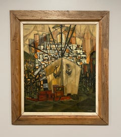 A Large, Dynamic 1950s Mid-Century Modern Abstract Harbor Scene, Steamship