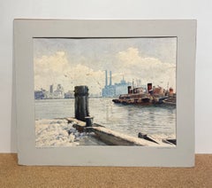 Eine großformatige, stimmungsvolle Hafenansicht im Industrial-Stil aus den 1960er Jahren: „Winter, Hafen von Baltimore“