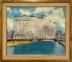 A Vibrant 1950s Mid-Century Modern Painting, Chicago River and Merchandise Mart
