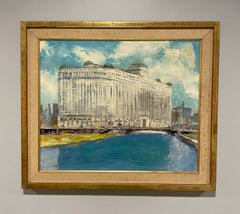 A Vibrant 1950s Mid-Century Modern Painting, Chicago River and Merchandise Mart