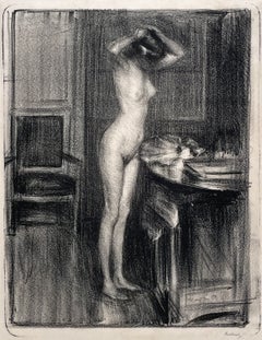 Una impresionante litografía moderna británica de un desnudo femenino de pie, «Dans l'Atelier»