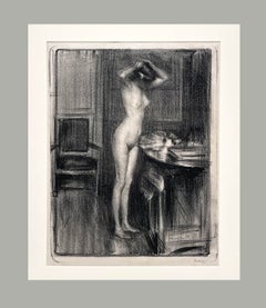 Una impresionante litografía moderna británica de un desnudo femenino de pie, «Dans l'Atelier»