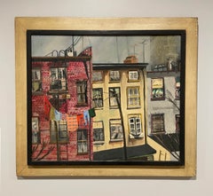 Ein faszinierendes Gemälde im Mid-Century-Modern-Stil der 50er Jahre: Dachterrassen von Stadtwohnungen in New York
