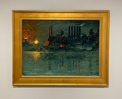 A Brooding, Dynamic 1950s Machine Age Modern Painting, Steel Mill at Night