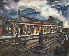 A Colorful, 1945 American Scene Modern WC, Woman Artist, "The Train is Due"