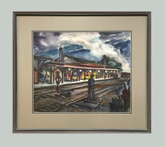 A Colorful, 1945 American Scene Modern WC, Woman Artist, "The Train is Due"