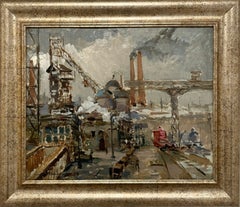 Una scena industriale in stile impressionista, anni ’50, Mid-Century Modern, acciaieria, scalo ferroviario