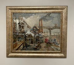 Una scena industriale in stile impressionista, anni ’50, Mid-Century Modern, acciaieria, scalo ferroviario