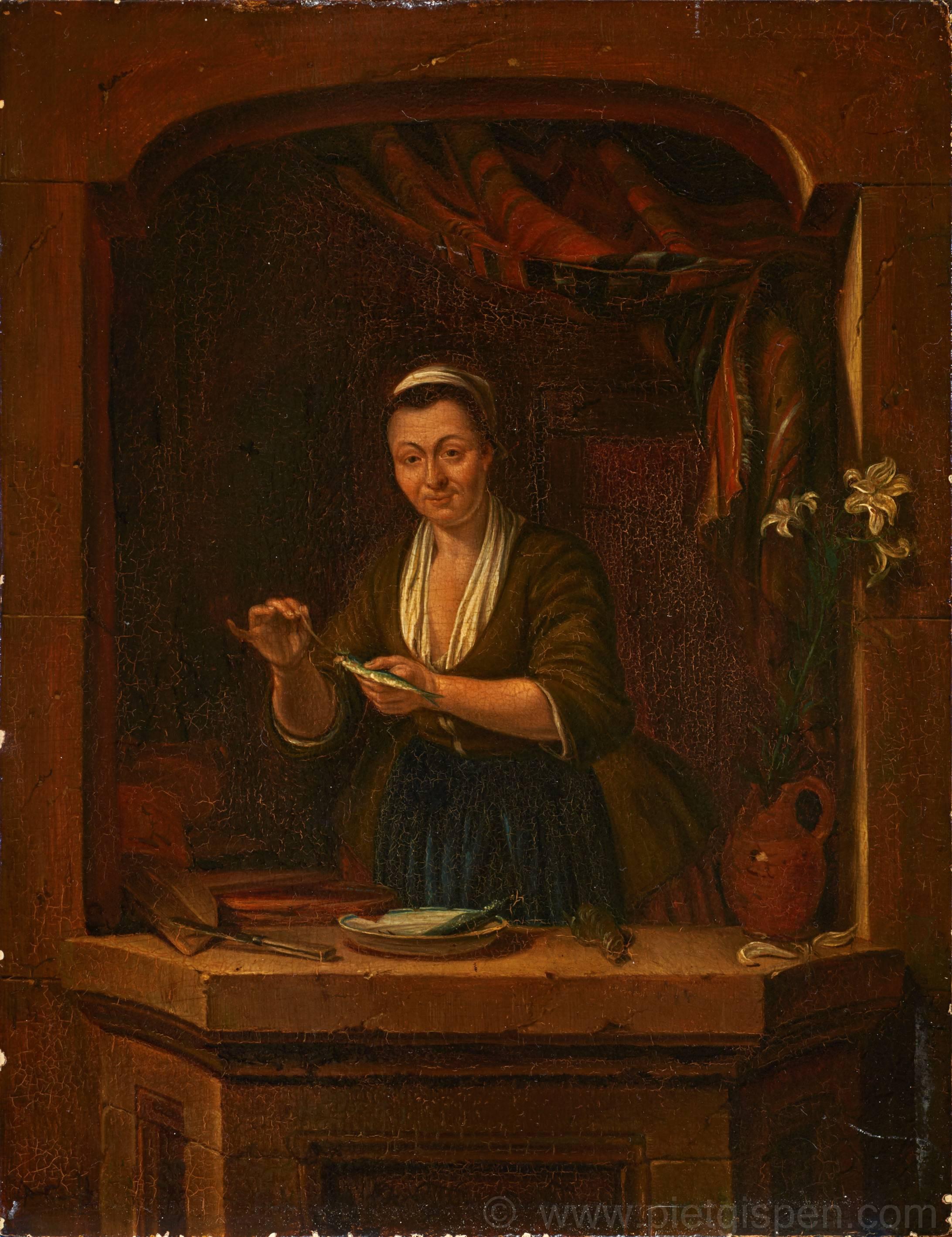 Woman with Herring - Painting by Gerrit Zegelaar