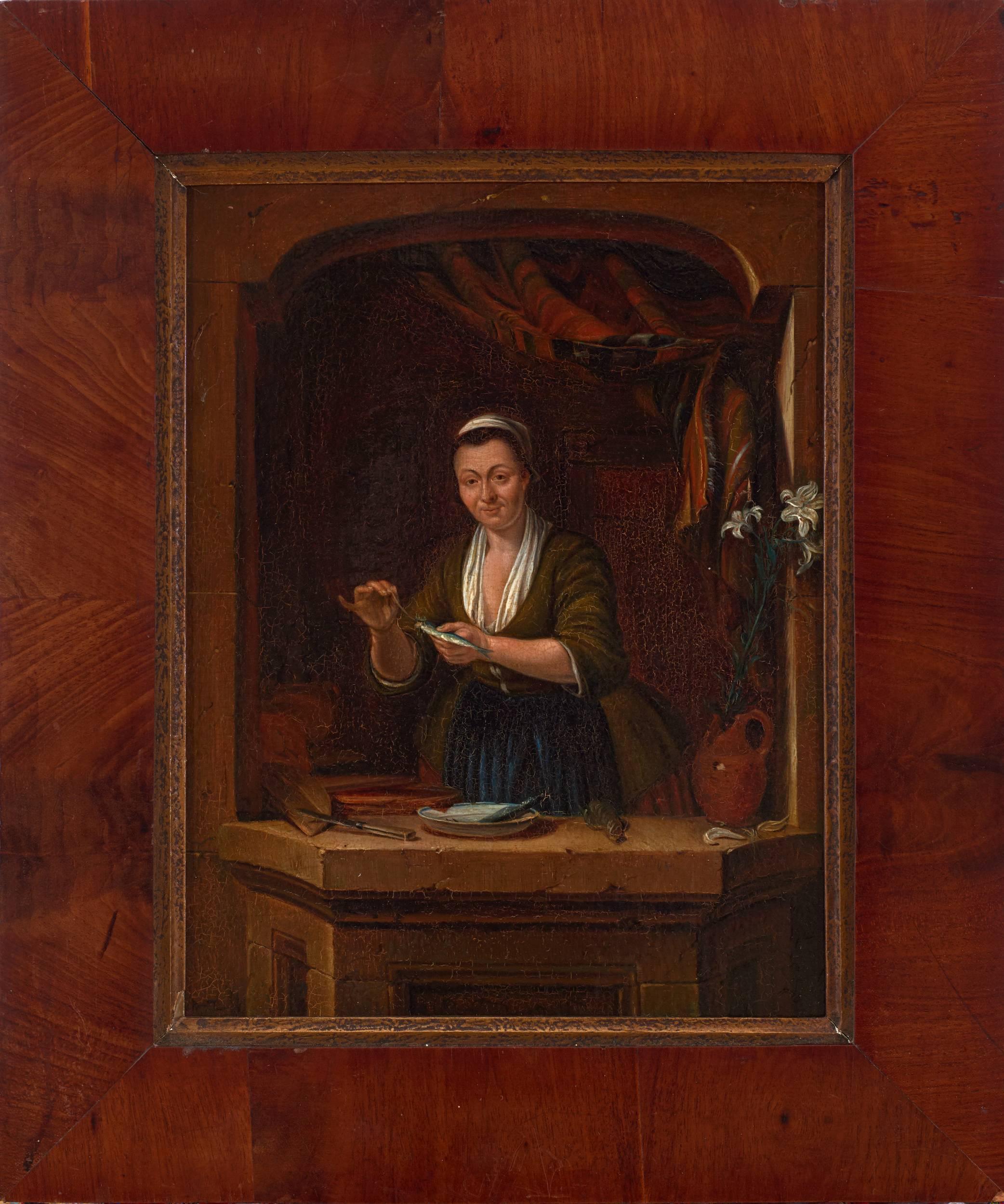 Woman with Herring - Old Masters Painting by Gerrit Zegelaar