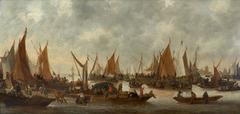 Sailing boats on the river Merwede with on the background the city of Dordrecht