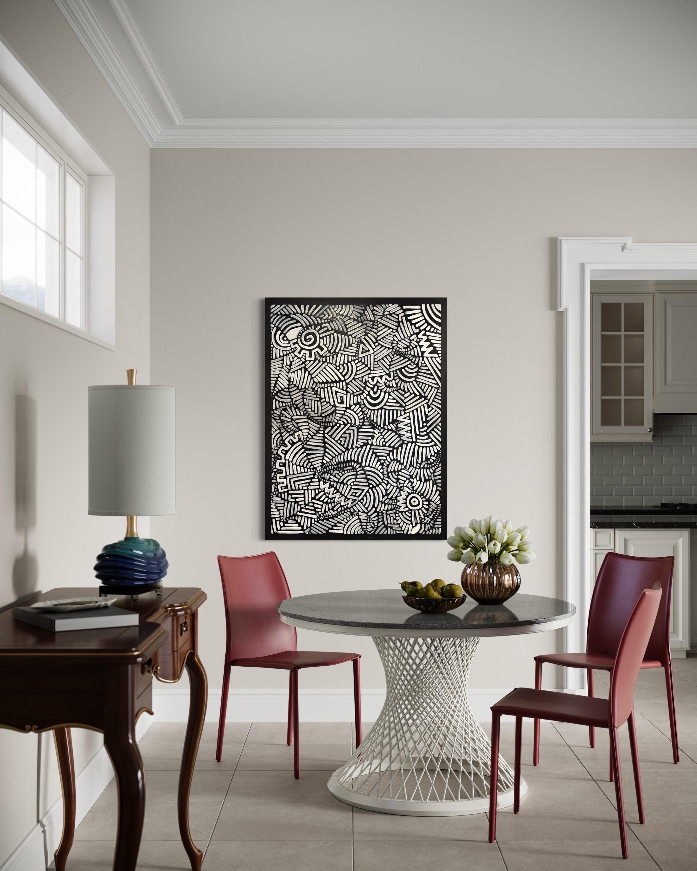 Pittura unica contemporanea in bianco e nero, astratta e ispirata a Keith Haring in vendita 6