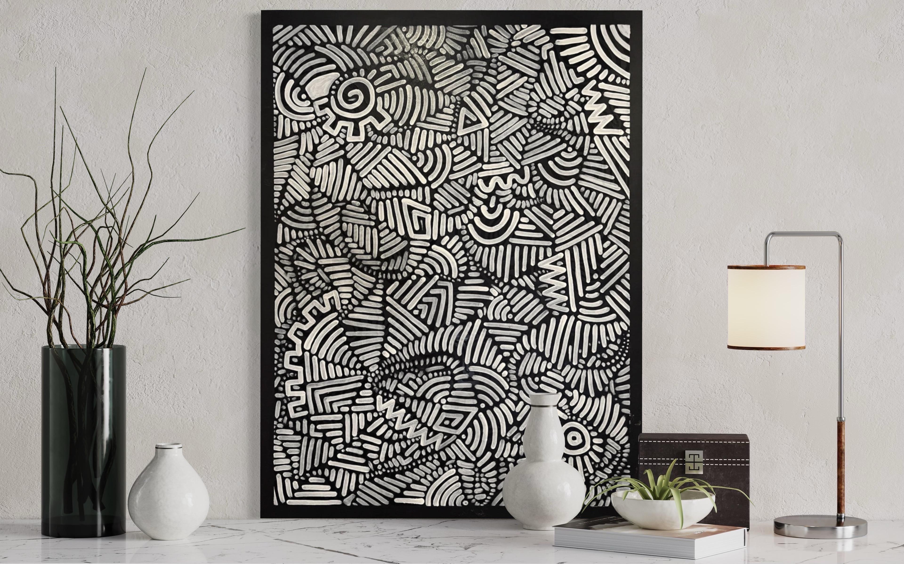 Pittura unica contemporanea in bianco e nero, astratta e ispirata a Keith Haring in vendita 5