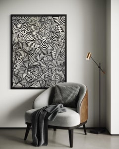 Peinture contemporaine abstraite en noir et blanc, inspirée de Keith Haring.