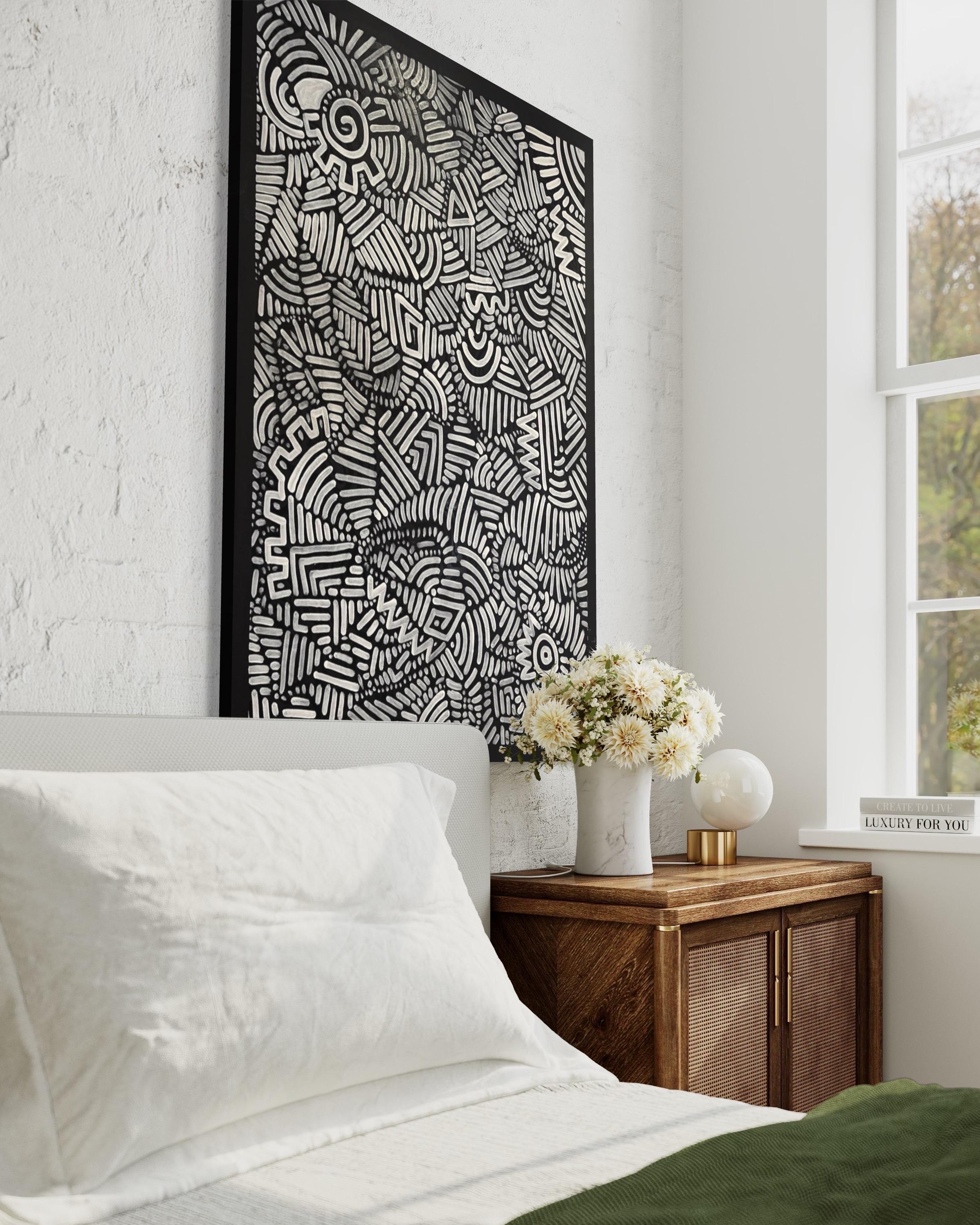 Pittura unica contemporanea in bianco e nero, astratta e ispirata a Keith Haring in vendita 7