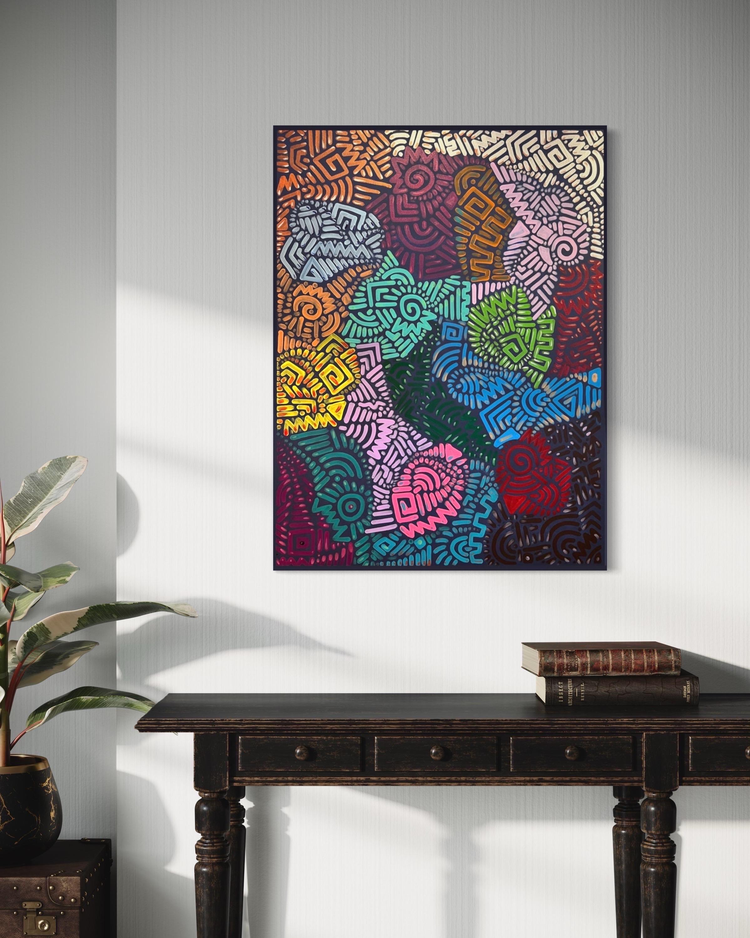 Tourbillons de couleurs contemporains, peinture abstraite unique inspirée de Keith Haring