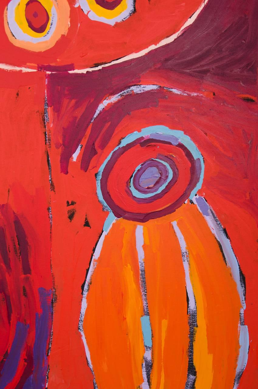 Barbara has painted the memories of her country, near Tee Tree where she lived as a child. She has depicted the rockholes and creak beads. These are memories are from a long time ago, when she learnt about how to find food and hunt, by the old