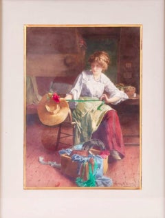 Der Hutmacher, Innenansicht der Werkstatt mit dem Hutmacher, 19. Jahrhundert Signiertes Aquarell
