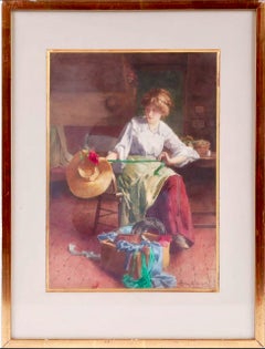 The Milliner, Workshop Interior with the Milliner, 19th Cent. Signed Watercolor