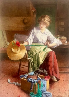The Milliner, Workshop Interior with the Milliner, 19th Cent. Signed Watercolor