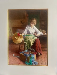 The Milliner, Workshop Interior with the Milliner, 19th Cent. Signed Watercolor