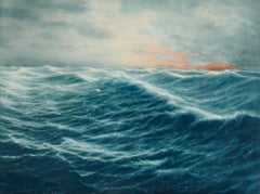 Stormy Sea at Dusk, Signed Pastel and Watercolor Landscape, 1907