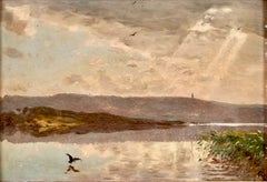 Pittura di paesaggio costiero del XIX secolo con anatra, olio su cartoncino