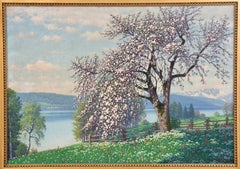 Paesaggio primaverile con melo in fiore, olio su tela firmato