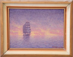 Tall Ship at Sunset, Signed 1925 Oil on Canvas, 27 x 34.5 cm