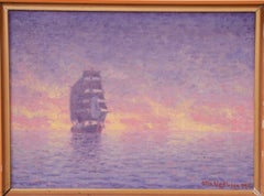 Tall Ship at Sunset, Signed 1925 Oil on Canvas, 27 x 34.5 cm