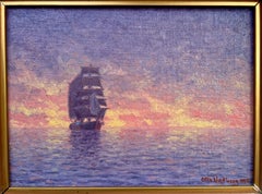 Tall Ship at Sunset, Signed 1925 Oil on Canvas, 27 x 34.5 cm