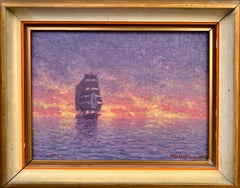 Tall Ship at Sunset, Signed 1925 Oil on Canvas, 27 x 34.5 cm