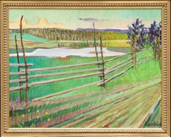 Swedish Summer Evening Landscape with Lake, Signed Oil on Panel, 58 x 68.5 cm