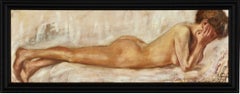 Reclining Nude Model, Signed Oil on Canvas, 40 x 102 cm