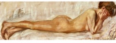 Reclining Nude Model, Signed Oil on Canvas, 40 x 102 cm