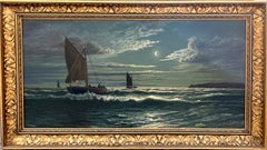 Swedish Coastal Moonlight Scene with Sailing Boats, Signed Oil on Canvas, 1915