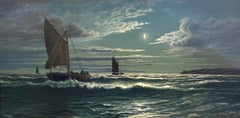 Swedish Coastal Moonlight Scene with Sailing Boats, Signed Oil on Canvas, 1915