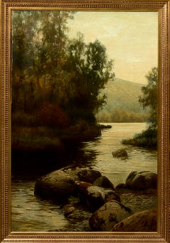 Twilight River Landscape, Signed 1856 Oil on Canvas, 109 x 78 cm