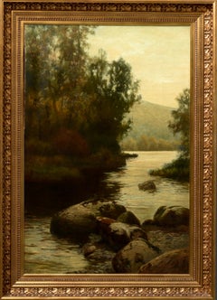 Twilight River Landscape, Signed 1856 Oil on Canvas, 109 x 78 cm